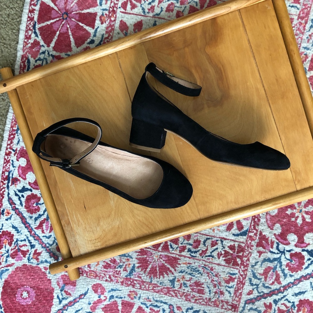 Madewell Black Suede Ankle Strap Block Heels